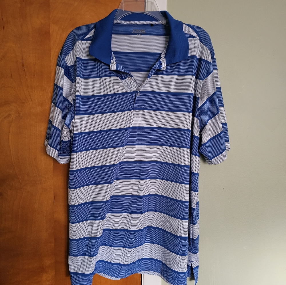 PING Men Golf Shirt XL Blue Stripe Pattern Logo